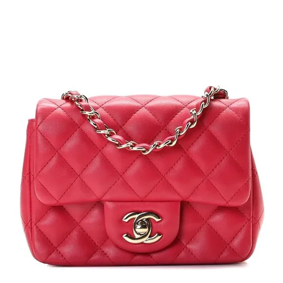 Authentic CHANEL CC Lambskin Quilted Mini Square Flap Pink Lambskin Matelasse - Picture 1 of 8